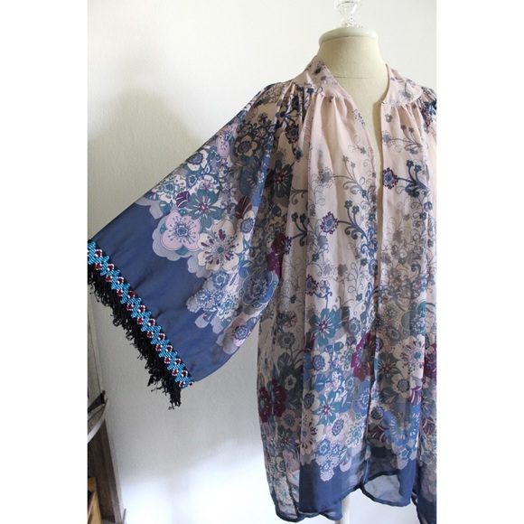 Umgee Gypsy Bohemian Boho Open Front Aztec Beading Kimono S/M - Picture 2 of 8